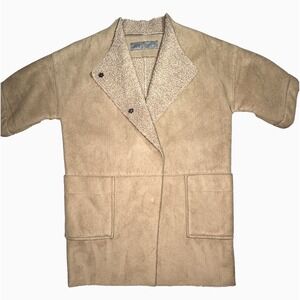 Zara Basic Jacket S Faux Suede Shearling Lined Coat Beige 3/4 Sleeve Mid length